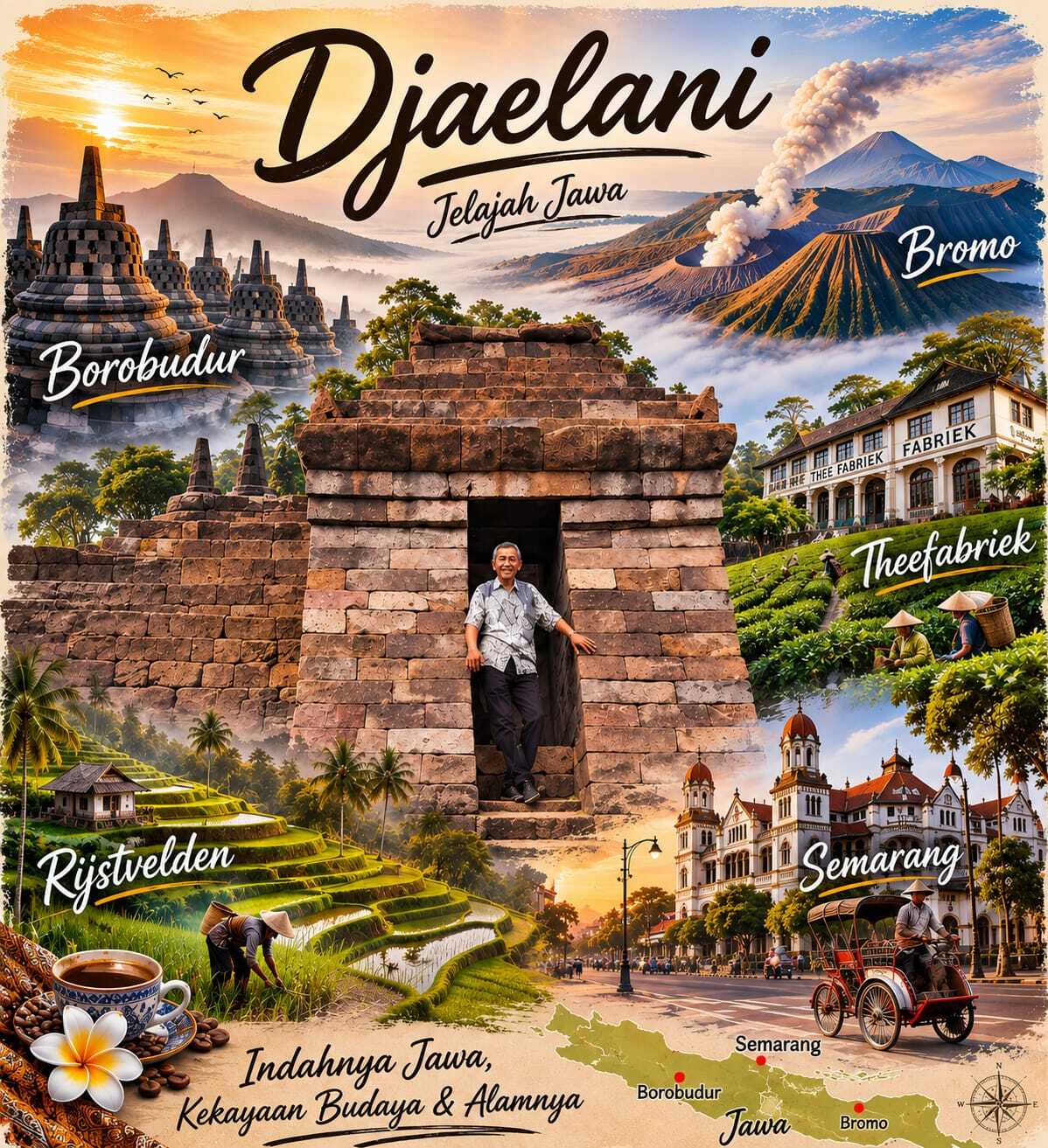 A collage of Indonesian travel highlights including temples, mountains and landscapes